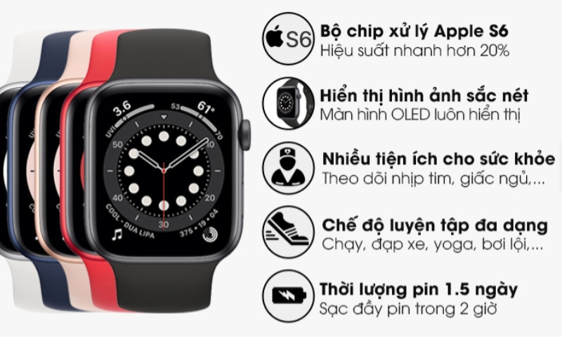 Apple Watch S6 44mm viền nhôm dây cao su đen cung cấp khả năng phát hiện té ngã